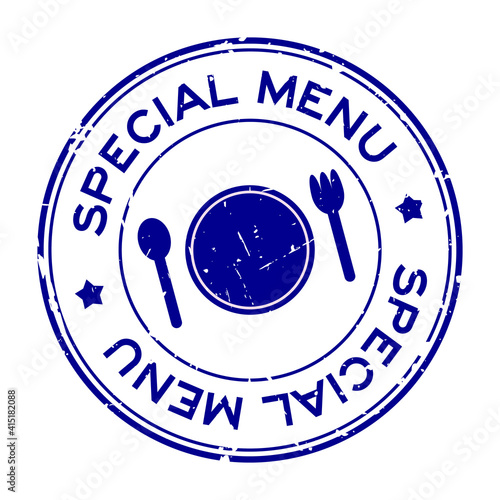 Grunge blue special menu word with dish, spoon and fork icon rubber seal stamp on white background