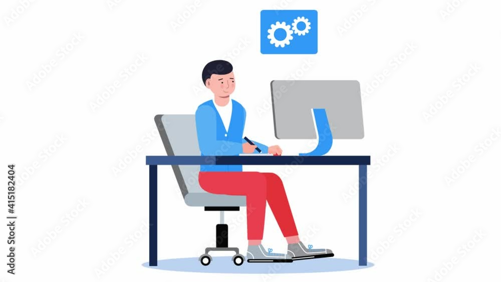 Remote worker animation in flat style, graphic designer with computer drawing on tablet. Successful web designer, freelancer are working in home office. Creative process video. Remote worker animation in flat style, graphic designer with computer drawing on tablet. Successful web designer, freelancer are working in home office. Creative process video.