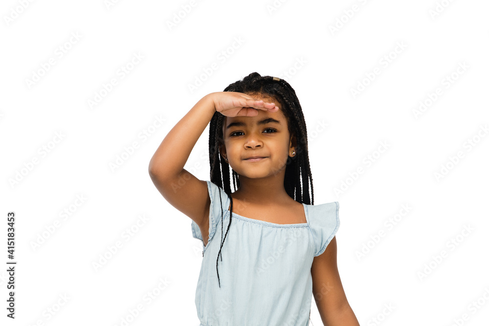 Looking for. Happy longhair brunette little girl on white studio background with copyspace for ad. Looks happy, cheerful, sincere. Childhood, education, human emotions, facial expression concept. Looking for. Happy longhair brunette little girl on white studio background with copyspace for ad. Looks happy, cheerful, sincere. Childhood, education, human emotions, facial expression concept.