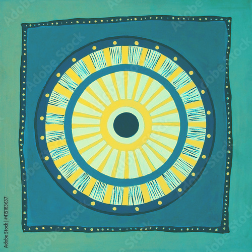 Ethnic background with circle. Colorful grungy boho, ethnic, tribal and Indian background. Hand drawn illustration with ethnic tribal circle for card, poster, backdrop, fabric print.