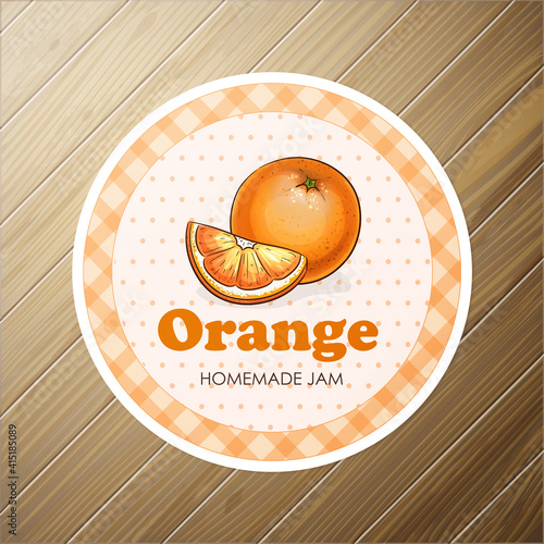 Vector round label, orange jam on a wooden background