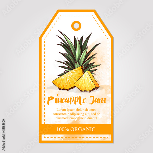 Label or sticker design with pineapple illustration. Natural pineapple jam. For natural or organic fruit products and health care goods.