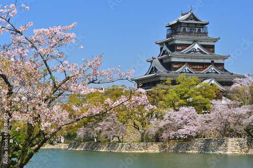 満開の桜と広島城
