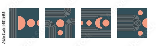 Set of four Abstract modern Vector Backgrounds. Circles, Lines, Curves. Geometrical Design. Minimalistic boho elegant concept. Square Patterns. Pink and blue colors. Every poster is isolated
