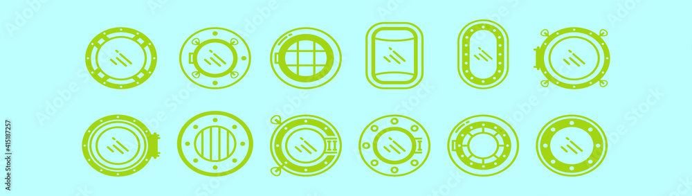 set of porthole cartoon icon design template with various models. vector illustration isolated on blue background set of porthole cartoon icon design template with various models. vector illustration isolated on blue background