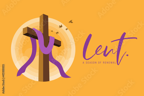 lent, a season of renewal banner with lent cross crucifix in circle sunset and bird flying on yellow background vector design