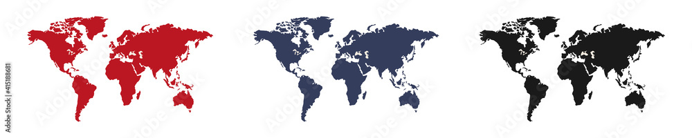World maps set. Red, blue, black icon on white background illustration.