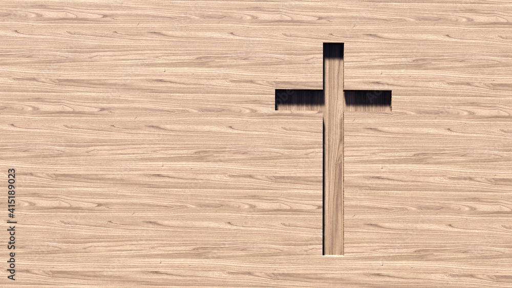 Concept or conceptual cross on a natural wood or wooden background. 3d illustration metaphor for God, Christ, Christianity, religious, faith, holy, spiritual, Jesus, belief, resurection