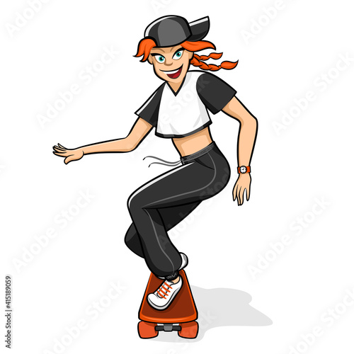 Teen girl scating. Sport activity. Scateboarding girl cartoon vector illustration photo