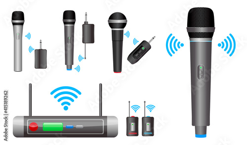 set of realistic wireless microphone or microphone transmitter receiver or module wireless microphone dual channel mic concept. eps 10 vector, easy to modify