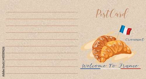 Blank vintage postcard with croissants and France flag