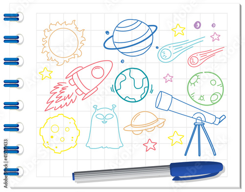 Set of space element doodle on notebook