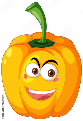 Yellow capsicum cartoon character with happy face expression on white background