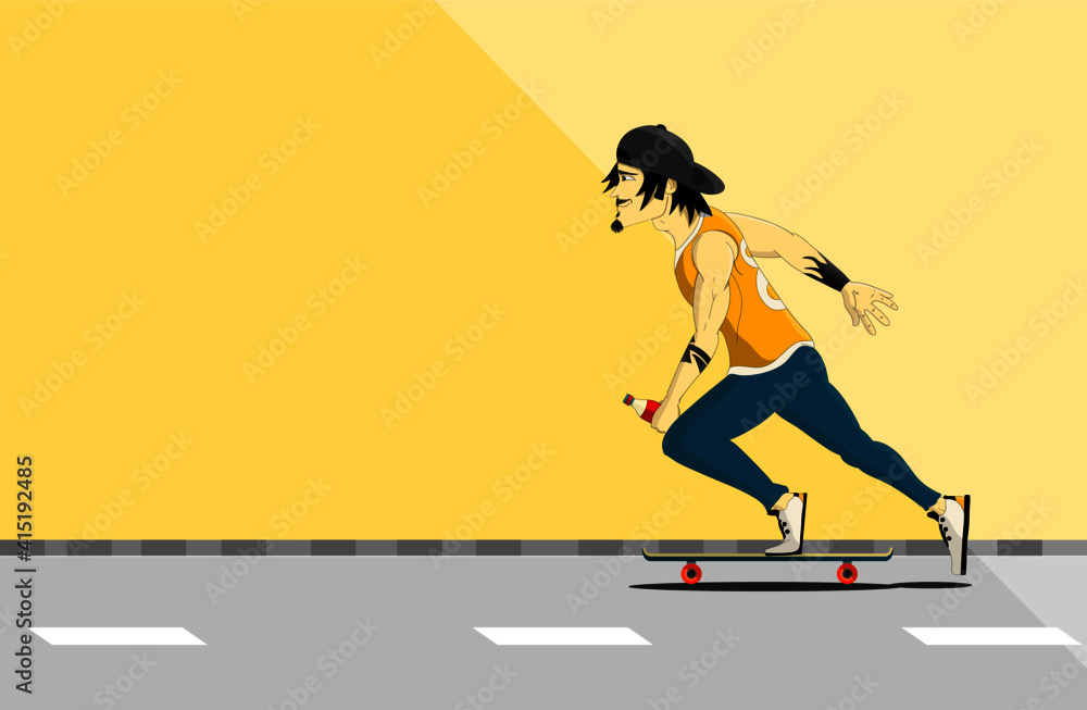 Skater boy on a skateboard riding on the street with a cap and bottle in his hand vector cartoon illustration