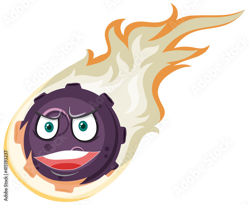 Flame meteor cartoon character with angry face expression on white background