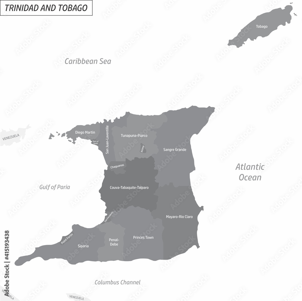 The Trinidad and Tobago grayscale map divided in administrative areas