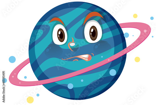 Saturn cartoon character with disgusting face expression on white background