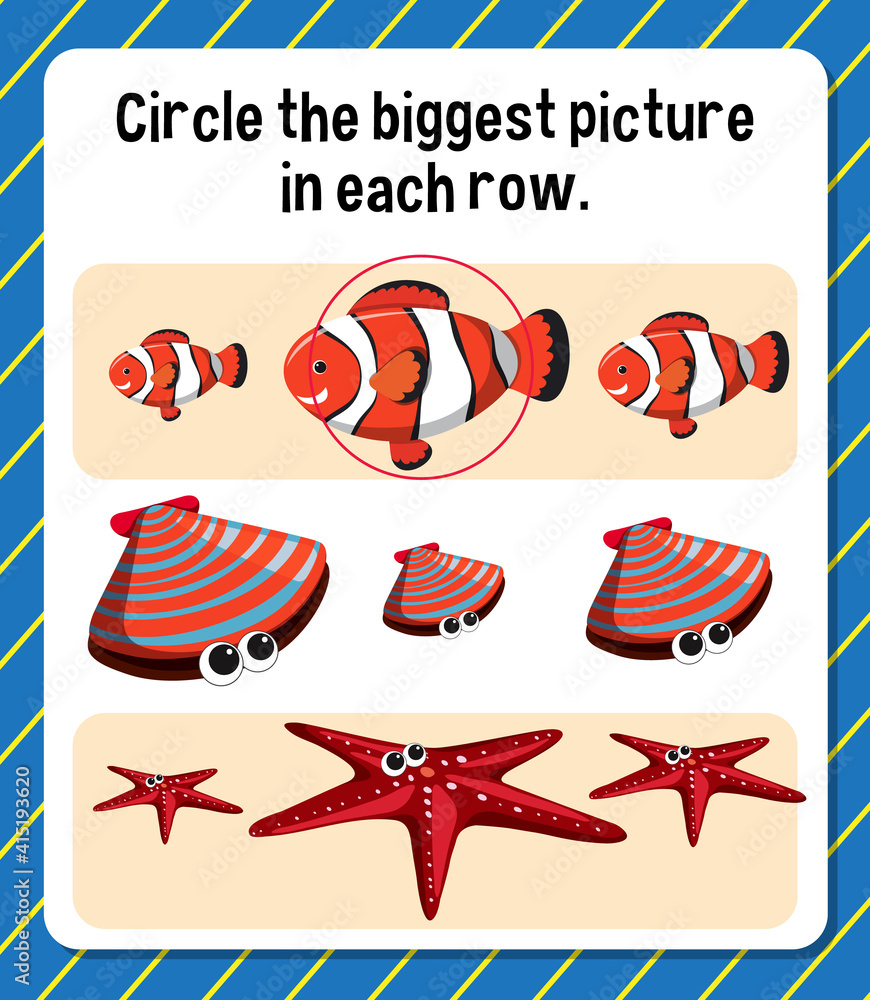 Circle the biggest picture in each row worksheet for children