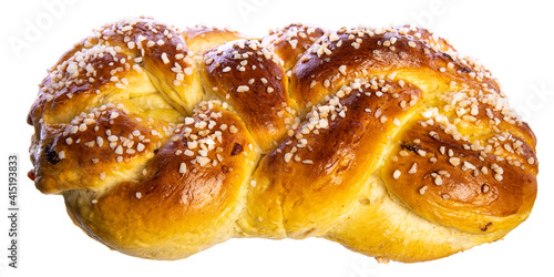 Typical traditional Austria: birds eyes view of an single Easter Striezel (sweet bread) diagonal hozizontal on white background