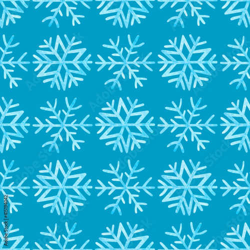 Seamless pattern with light blue snowflakes on a blue background. Christmas watercolor illustration with snowflakes. Print for wrapping paper, cards, banners, posters, web, fabrics, invitations.