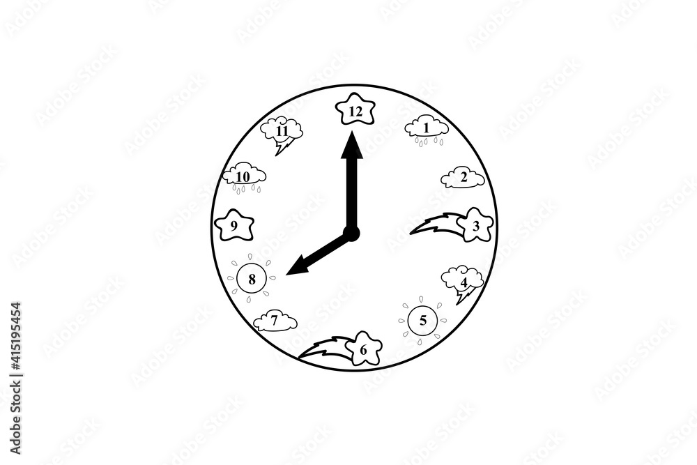 Educational clock with weather decoration on black and white background. Educational clock with weather decoration on black and white background.