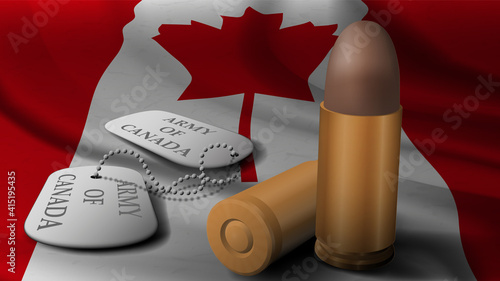 Bullet and military token in national flag of Canada . 3D rendering photo