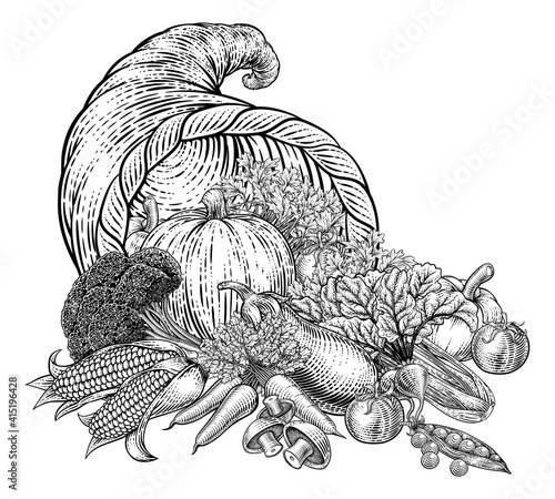 Cornucopia horn of plenty with vegetables and fruit produce. Illustration in a vintage retro woodcut etching style.