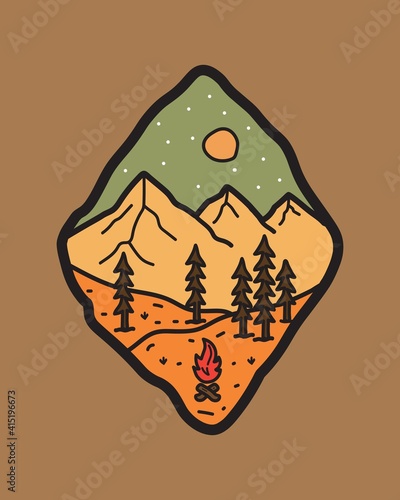 mountain and bonfire camping nature adventure in the night wild line badge patch pin graphic illustration vector art t-shirt design.2