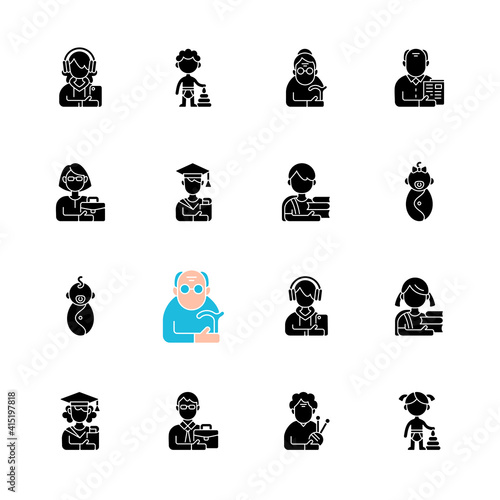 Different age and gender groups black glyph icons set on white space. Aging process. Child development. Adolescent years. Teenager. Senior citizen. Silhouette symbols. Vector isolated illustration