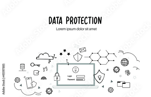 Data protection concept in flat doodle style. Cyber computer security vector.