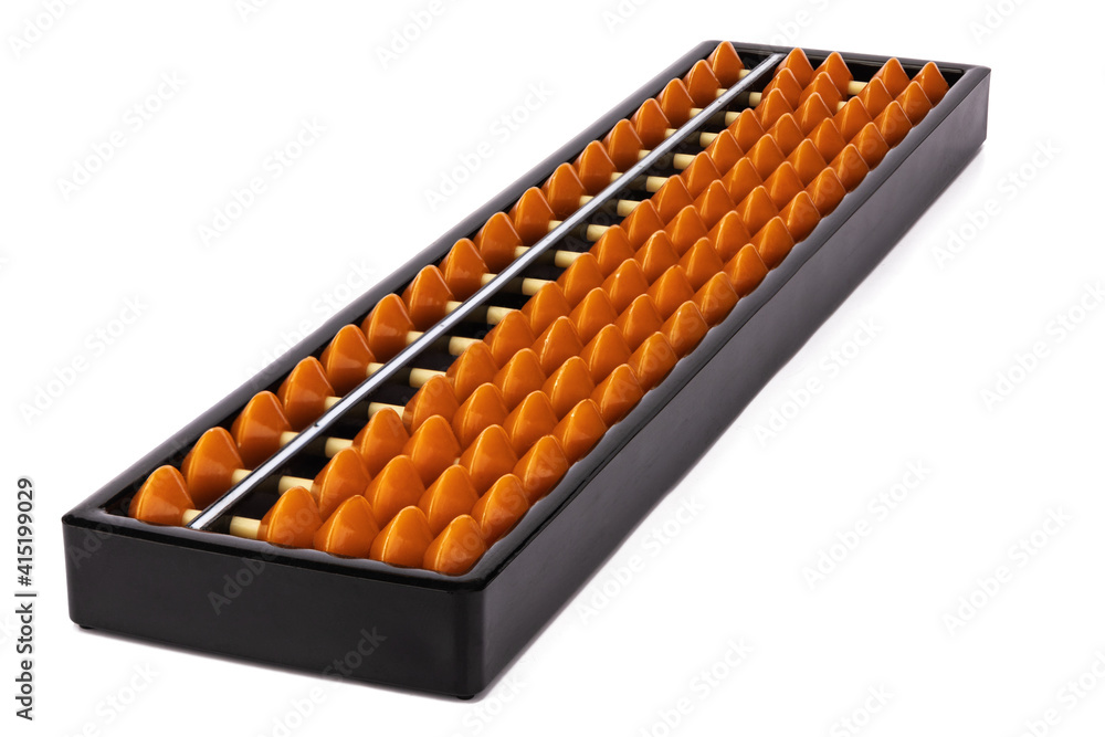 Soroban. Abacus. Mental arithmetic. Traditional Eastern mathematical calculator. Isolated. White background.Side view Soroban. Abacus. Mental arithmetic. Traditional Eastern mathematical calculator. Isolated. White background.Side view