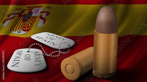 Bullet and military token in national flag of Spain . 3D rendering