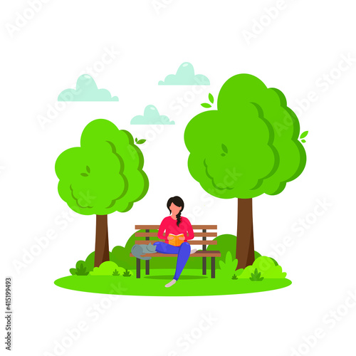 Girl sitting on bench with a cat and reading a book. Concept illustration for freelance, working, studying, education, work from home, healthy lifestyle. Cute vector illustration in flat style