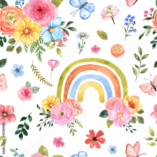 Watercolor floral rainbow seamless pattern. Cute colorful spring flowers, rai...