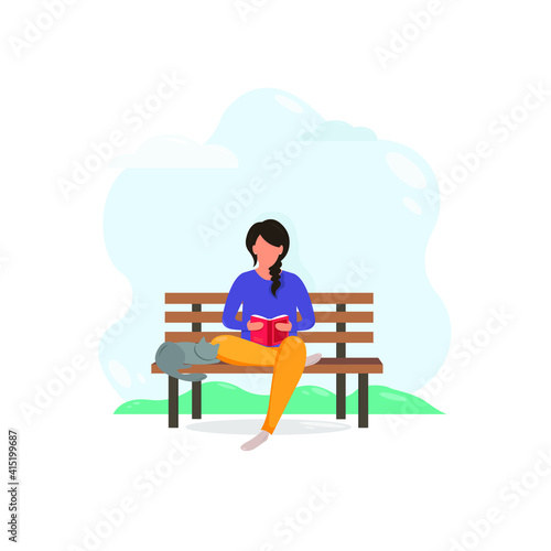 Girl sitting on bench with a cat and reading a book. Concept illustration for freelance, working, studying, education, work from home, healthy lifestyle. Cute vector illustration in flat style