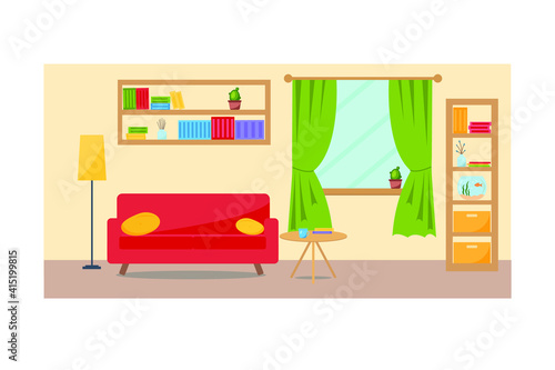 A cozy interior of a modern elegant living room with a sofa, table, furniture, aquarium and various decorations. Flat style vector design template
