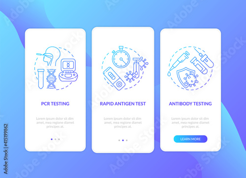 Coronavirus testing types onboarding mobile app page screen with concepts. Viral antigen detection, rapid test walkthrough 3 steps graphic instructions. UI vector template with RGB color illustrations