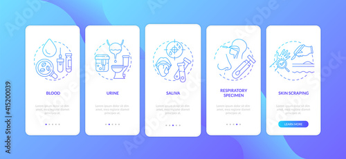 Laboratory specimens onboarding mobile app page screen with concepts. Urine sample, tissue biopsy walkthrough 5 steps graphic instructions. UI vector template with RGB color illustrations
