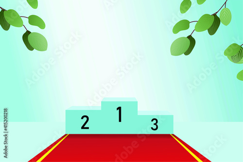 Blue podium with sequential numbers and red carpet with leaves and a light blue backdrop.