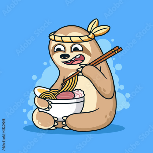 Funny Sloth Vector Icon Illustration. Animal Icon Concept Eat Noodle with Cute Expression
