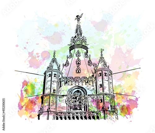 Building view with landmark of Ghent is a port city in northwest Belgium. Watercolour splash with hand drawn sketch illustration in vector.