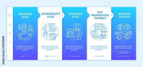Foreign language learning levels onboarding vector template. Elementary, intermediate level. Business English. Responsive mobile website with icons. Webpage walkthrough step screens. RGB color concept