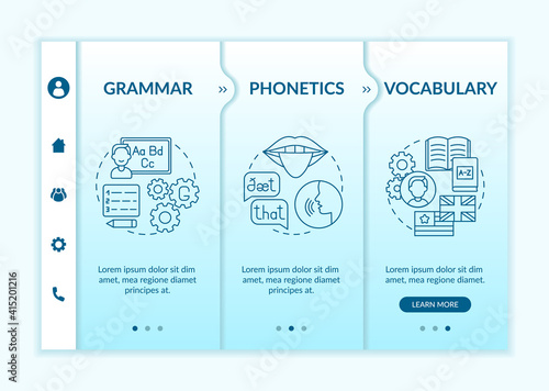 Foreign language learning categories onboarding vector template. Linguistics, pronunciation, wordstock. Responsive mobile website with icons. Webpage walkthrough step screens. RGB color concept