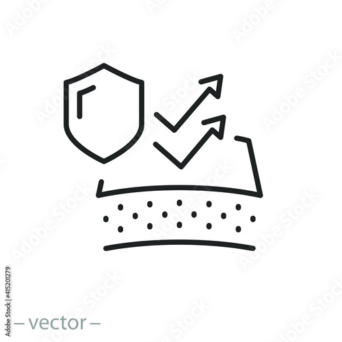 care and protect skin icon, safeing for uv and cold, face mask, elasticity skin covering, shield skincare, thin line symbol - editable stroke vector illustration eps10