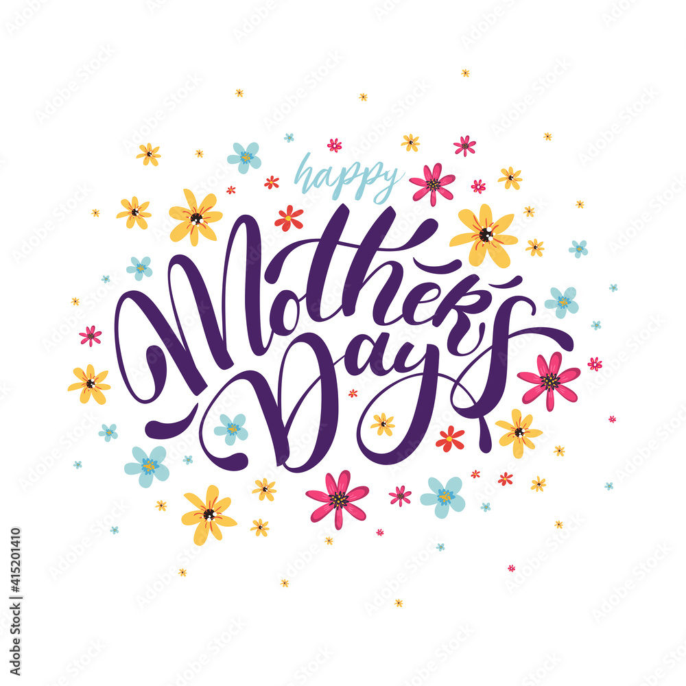 Greeting card design with hand drawn lettering, text Mother s Day on colorful flowers decorated background. Greeting card design with hand drawn lettering, text Mother s Day on colorful flowers decorated background.