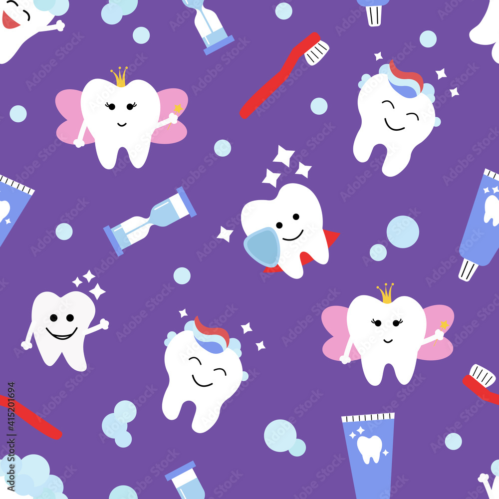 Seamless pattern with cute teeth and objects for dental care on purple background - funny toothpaste, brush, hourglass. Cute Tooth Fairy. Vector illustration. Seamless pattern with cute teeth and objects for dental care on purple background - funny toothpaste, brush, hourglass. Cute Tooth Fairy. Vector illustration.