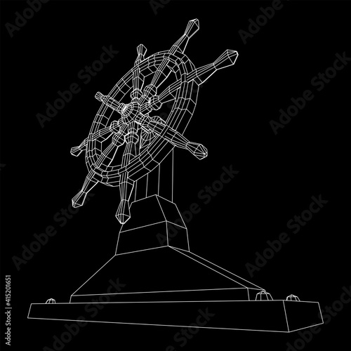Ship steering wheel. Marine rudder. Wireframe low poly mesh vector illustration.