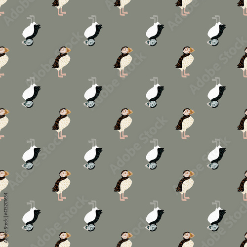 Icelandic zoo nature seamless pattern with hand drawn black and white colored puffin print. Grey background.