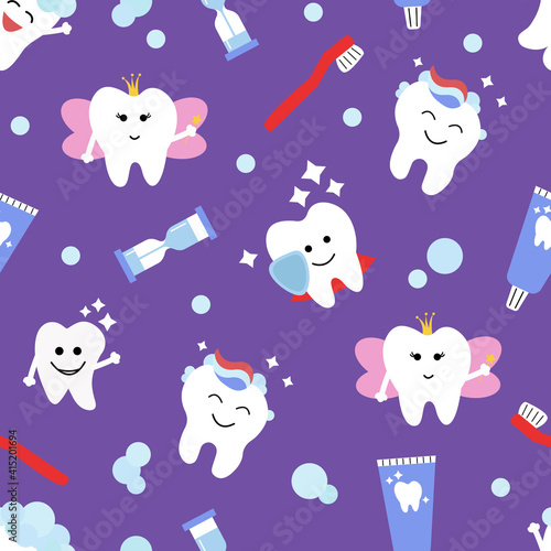 Seamless pattern with cute teeth and objects for dental care on purple background - funny toothpaste, brush, hourglass. Cute Tooth Fairy. Vector illustration.