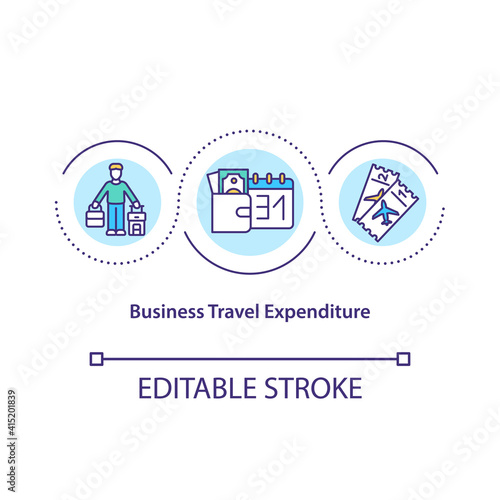 Business travel expenditure concept icon. Costs incurred of traveling for business purposes idea thin line illustration. Official journey. Vector isolated outline RGB color drawing. Editable stroke